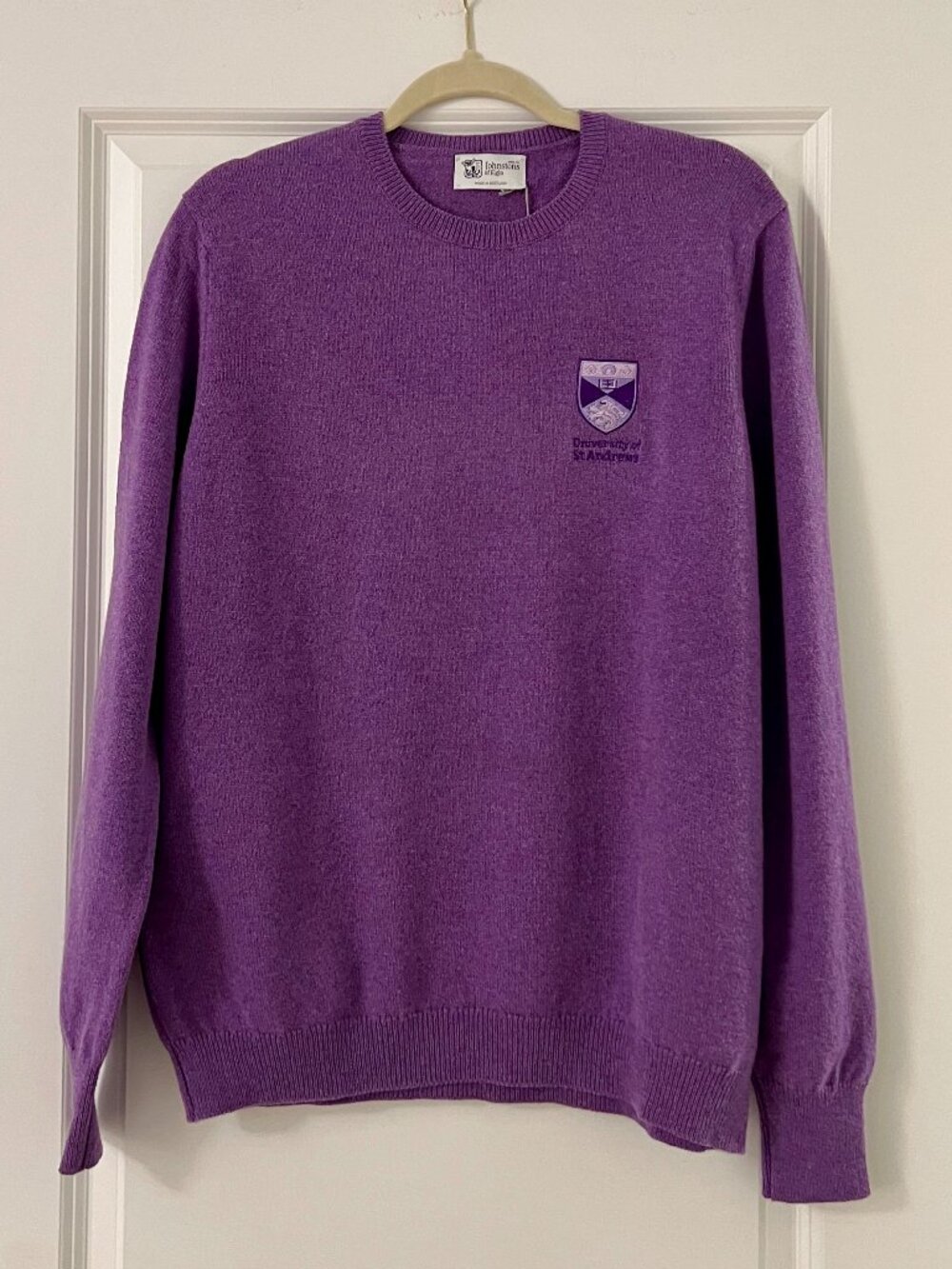 Johnstons of Elgin University of St. Andrews Purple Wool Sweater, NEW
